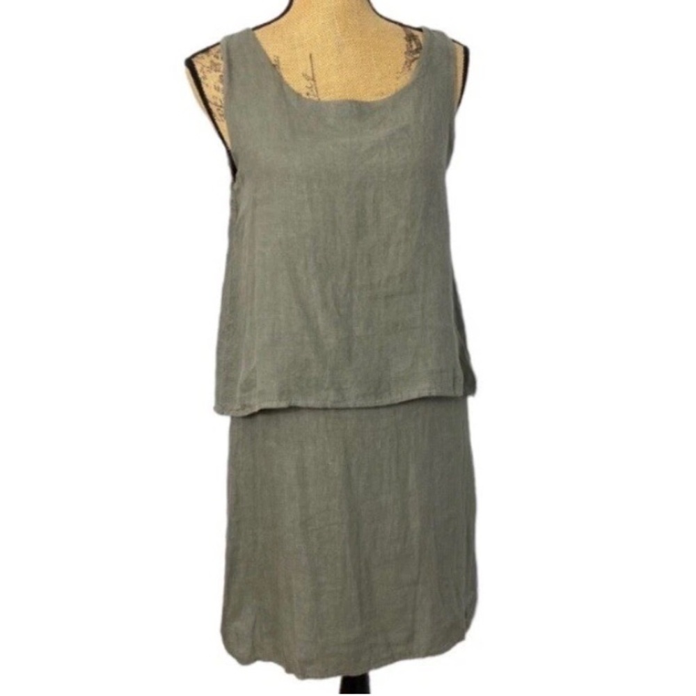 Lungo L’arno Italy Made Pop Over 2 in 1 Olive Green Sleeveless Linen Dress XS. - Picture 5 of 11